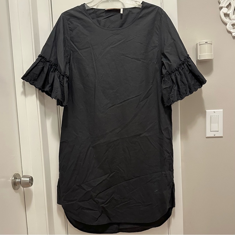 See By Chloe Ruffle Shift Tee Mini Dress 4 Black Poplin Detailed Flare Short Slv